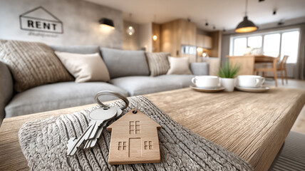 Keys with a wooden house-shaped keychain lie on a wooden table against the backdrop of a modern apartment interior. Concept representing rental, purchase, sale or short-term lodging.