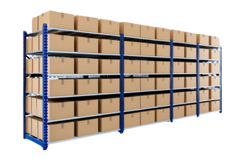 Storage rack with brown cardboard boxes organized in tiers, representing logistics, bulk storage, and efficiency.