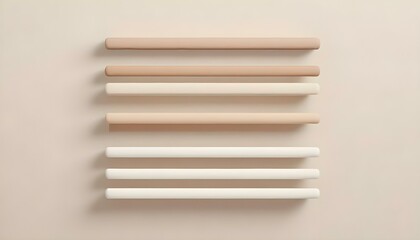 An elegant arrangement of parallel shelves in various shades of beige and white.