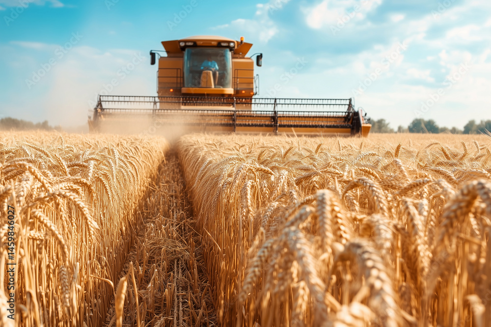 Poster large yellow combine harvester is in a field of wheat. the combine harvester is cutting the wheat an