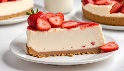 A tempting slice of strawberry cheesecake sits on a white plate, ready to be enjoyed.