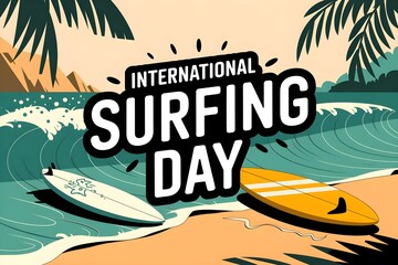 International Surfing Day with Vibrant Ocean and Surfboards Illustration