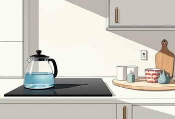 Modern kitchen scene with a kettle filled with water on a stovetop