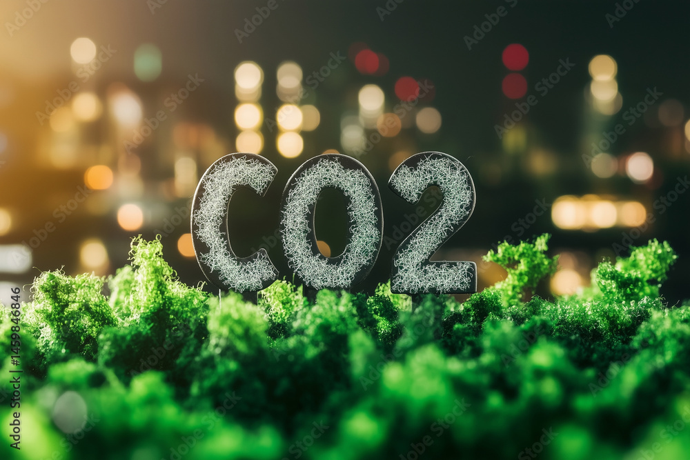 Poster green word that is made up of two smaller letters, co2. the word is surrounded by green grass and he