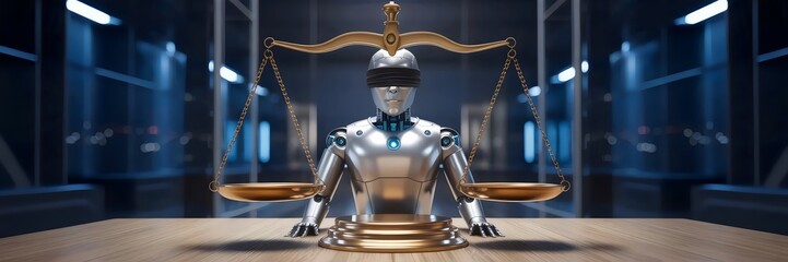 Silver robot between gavel-shaped scales with blindfold – Perfect for ethics, artificial intelligence, or futuristic legal concepts.