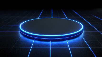 Glowing round digital blue interface on dark grid background with mock up place. HUD, innovation, digital transformation and data concept. 3D Rendernig illustration , no logos, no brands