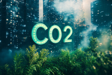 cityscape with a green sign that says CO2. The sign is lit up and surrounded by trees