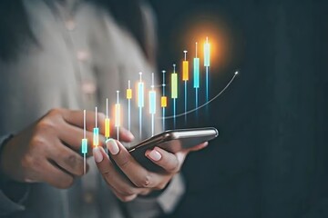 A businessperson analyzing Stock Market Data on Smartphone with Digital Candlestick Chart Visualization.