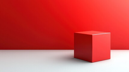 Red cube on white surface against red background. Minimalist design. Simple geometric shape