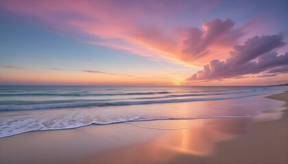 Spectacular sunset paints the sky with warm hues, reflecting on the wet sand of a beach.