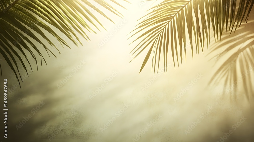 Poster palm leaves casting soft shadows on a hazy background.