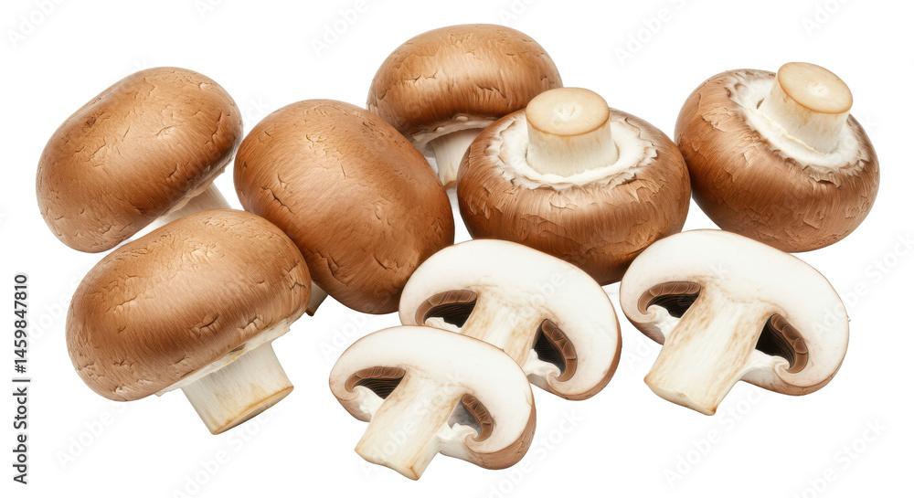 Poster a group of cremini mushrooms displayed with some sliced in half showing the gills on a white backgro