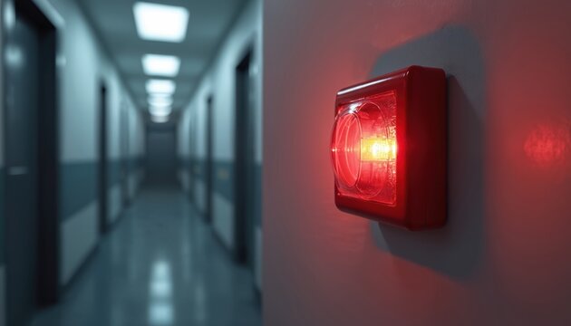 Bright red fire alarm strobe light flashes in corridor. Warning sign, fire emergency system. Security equipment to prevent hazards. Building interior. Fire safety. Emergency exit way. Protection in