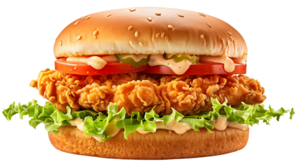Close up shot of a crispy chicken burger with lettuce tomato and sauce on a transparent background