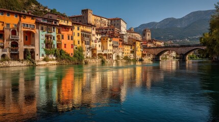 Obraz premium Charming Old Town of Bassano Del Grappa: Historic Ponte degli Alpini Bridge and Colourful Streets in Italy's Venetia Region