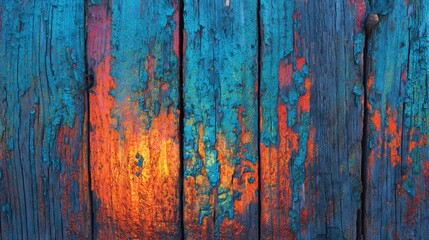 Distressed Wood Texture: A vibrant aged wooden surface featuring layers of turquoise and orange peeling paint, providing a unique abstract background.