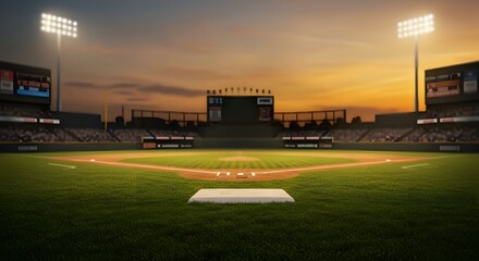 A scenic baseball field bathed in the warm glow of sunset, ready for an exciting game.