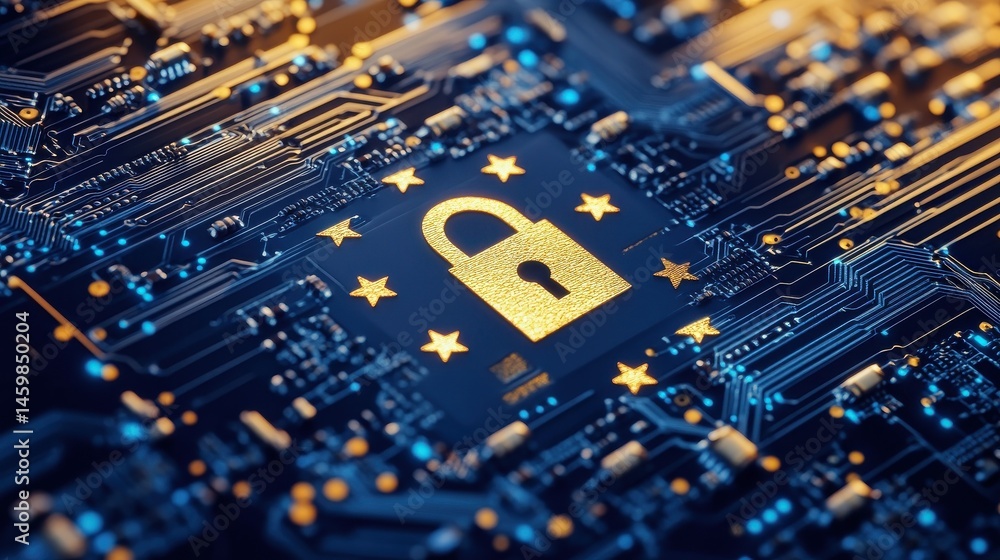 Poster high-quality image representing eu cybersecurity directives, featuring a lock and stars symbol on a 