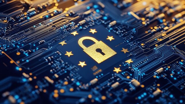 High-quality image representing EU cybersecurity directives, featuring a lock and stars symbol on a circuit board. The image illustrates the integration of EU cybersecurity regulations into digital.