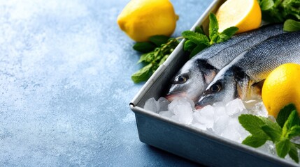Fresh fish on ice with lemon and mint in a tray, set against a blue background
