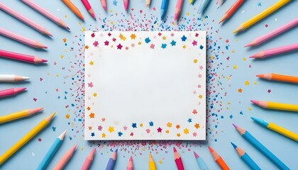 Obraz premium A blank card with pencils and colorful confetti, perfect for creative projects and celebrations.