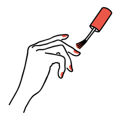 The lady does a manicure, paints her nails with varnish. Silhouette of female hands in a modern one line style. Solid line, aesthetic outline for decor, posters, stickers, logo. Vector illustration.