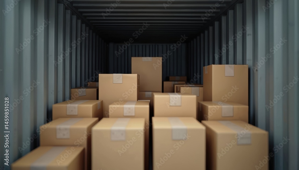 Poster inside shipping container filled with arranged cardboard boxes. boxes stack neatly. cargo, freight r