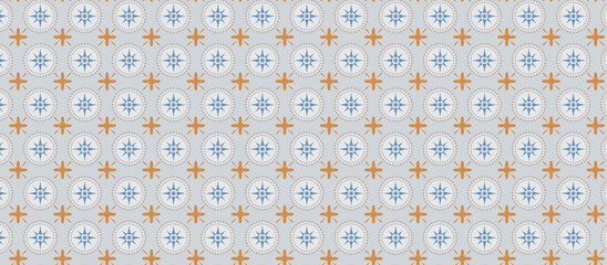 intricate Japanese Style repeating geometric pattern with light gray circles, sunburst motifs, burnt orange outlines, and stylized crosses