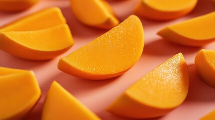 A macro shot of vibrant orange mango slices rich placed on a neutral background soft shadows