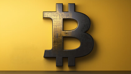 Obraz premium Large Bitcoin symbol metallic finish against vibrant yellow background creates striking visual. image conveys sense of modern finance and digital