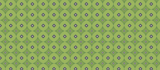 Japanese Style  repeating geometric pattern with concentric circles, diamond motifs, and textured details in lime green and gray-purple