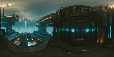 Cyberpunk city view, skyline and lights. Texture environment map for lighting and reflection source rendering 3d scenes. Full 360 degrees seamless spherical panorama HDRI equirectangular projection