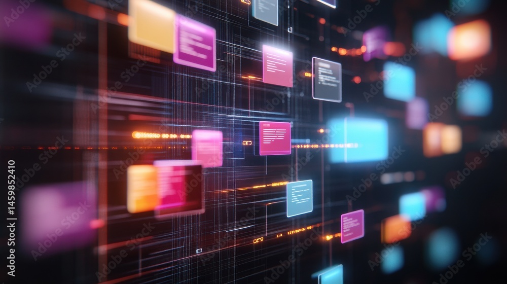Aufkleber abstract network grid with files and folders, futuristic software interface, digital document manage
