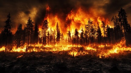 Forest wildfire at night