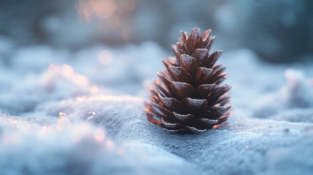 Close-up of a pine cone on frozen snow