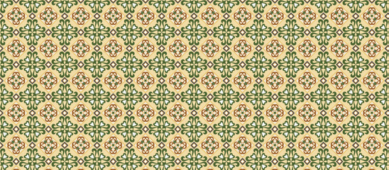 symmetrical repeating geometric pattern with floral motifs in beige, green, and terracotta tones, inspired by tile and wallpaper design