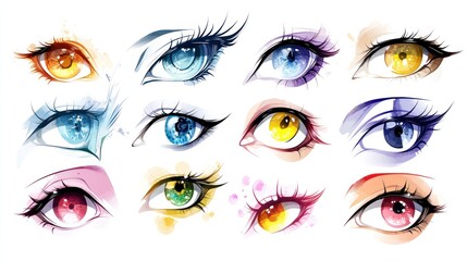 A mesmerizing collection of twelve unique anime eyes, each showcasing vibrant colors and intricate details, demonstrating the artistry and expressiveness of anime eye design.