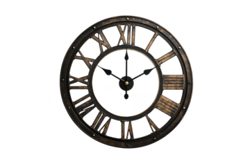 A close up of an antique style clock with roman numerals on a black background in high resolution