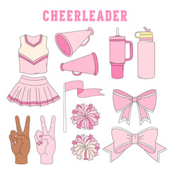Pink Girlie Cheerleading cheerleader team equipment vector clip-art set isolated on white. Girl Sports Game Season Mom hand drawn illustrations