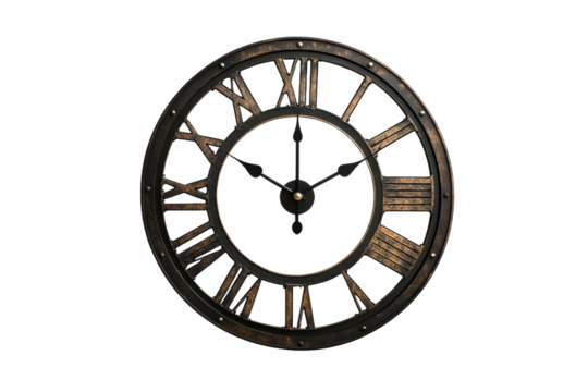A close up of an antique style clock with roman numerals on a black background in high resolution