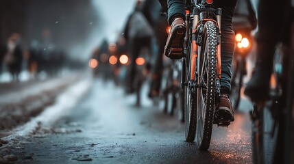 A group of people riding on bikes along a wet road.