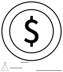 Dollar sign encased in two concentric circles with a small laboratory beaker at the bottom, indicating synergy between finance, science, and innovation. Ideal for themes thumbs up economics