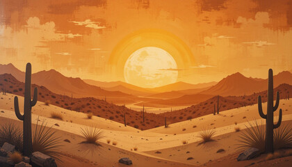 Golden desert landscape with a setting sun, simplified shapes and warm earthy tones, boho wall decor style