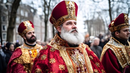 Fototapeta premium Clergymen in ornate vestments during a religious procession.