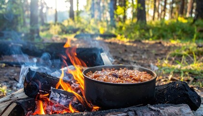 Delicious beans cooking over open campfire in forest setting
