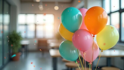 Colorful balloons confetti fly in bright office space. Party celebration atmosphere. Joyful event design, cheerful festive decor. Team workspace, modern interior, creative concept for happy events.