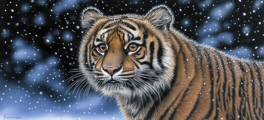 Majestic tiger in winter snowfall