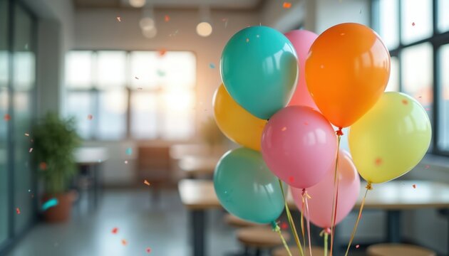 Colorful balloons confetti fly in bright office space. Party celebration atmosphere. Joyful event design, cheerful festive decor. Team workspace, modern interior, creative concept for happy events.