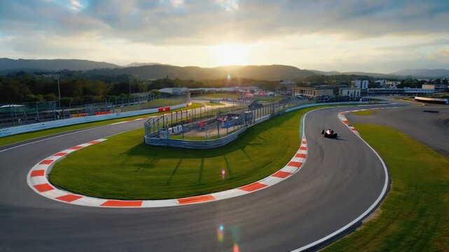 Drone chase shot, starting behind a leading Formula One car, gradually overtaking it and revealing the car from the front with a dramatic racing angle