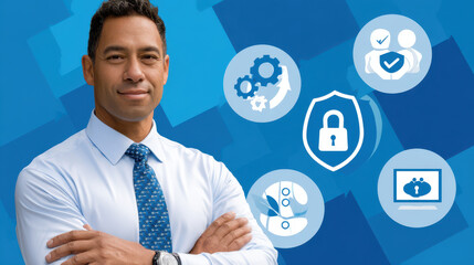 Cybersecurity expert standing confidently with blue background, showcasing icons related to security, technology, and teamwork. This conveys professionalism and expertise in field